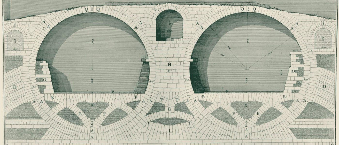 Period engraving of a Roman bridge showing the construction of its arches